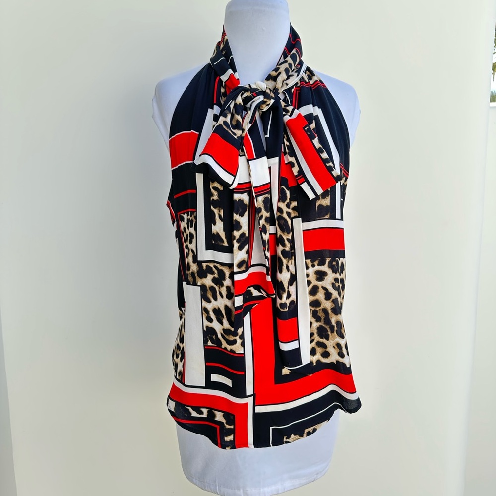 Leopard Print Sleeveless Top with Red and Black Accents